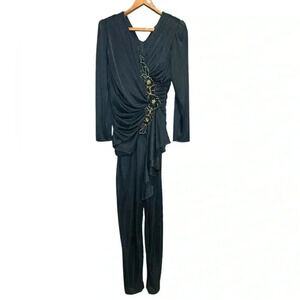 Abby Kent Black Stretch Jeweled Beaded Ruched Party Cocktail Jumpsuit Size 9/10